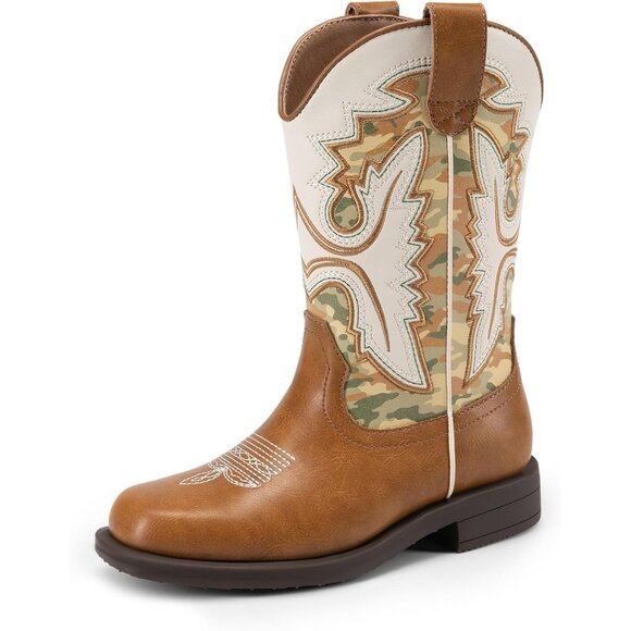 ⚡Girls Camel Cowboy Boots Toddler Mid Calf Western Square Toe Riding Boot - Picture 1 of 6